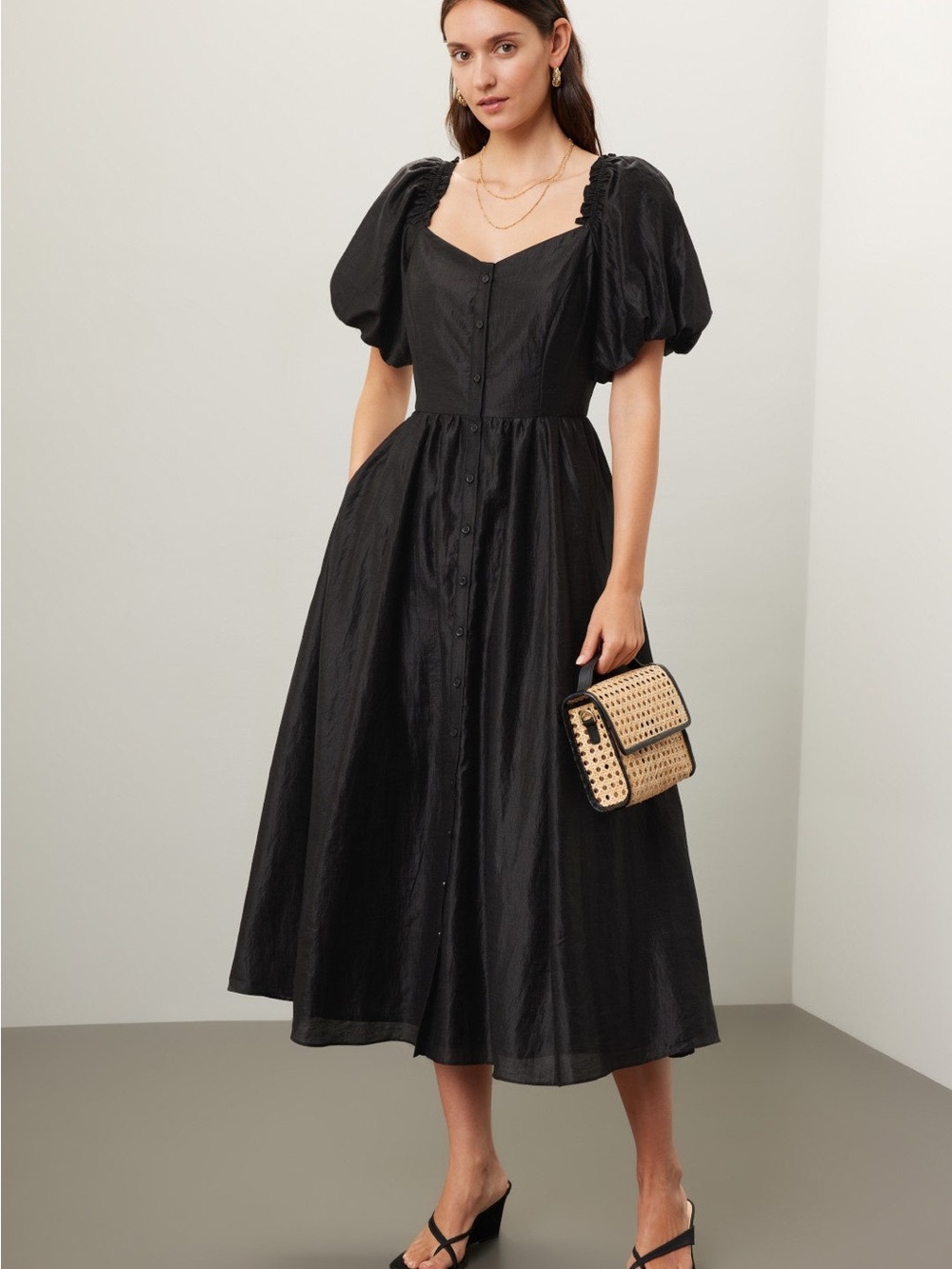 CeCe Black Puff-Sleeve Button-Front Midi Dress